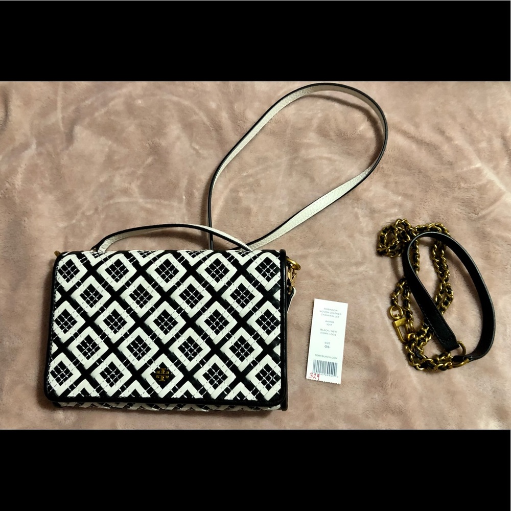 NWT Tory Burch Robinson Woven White & Black Leather Combo Purse Handbag